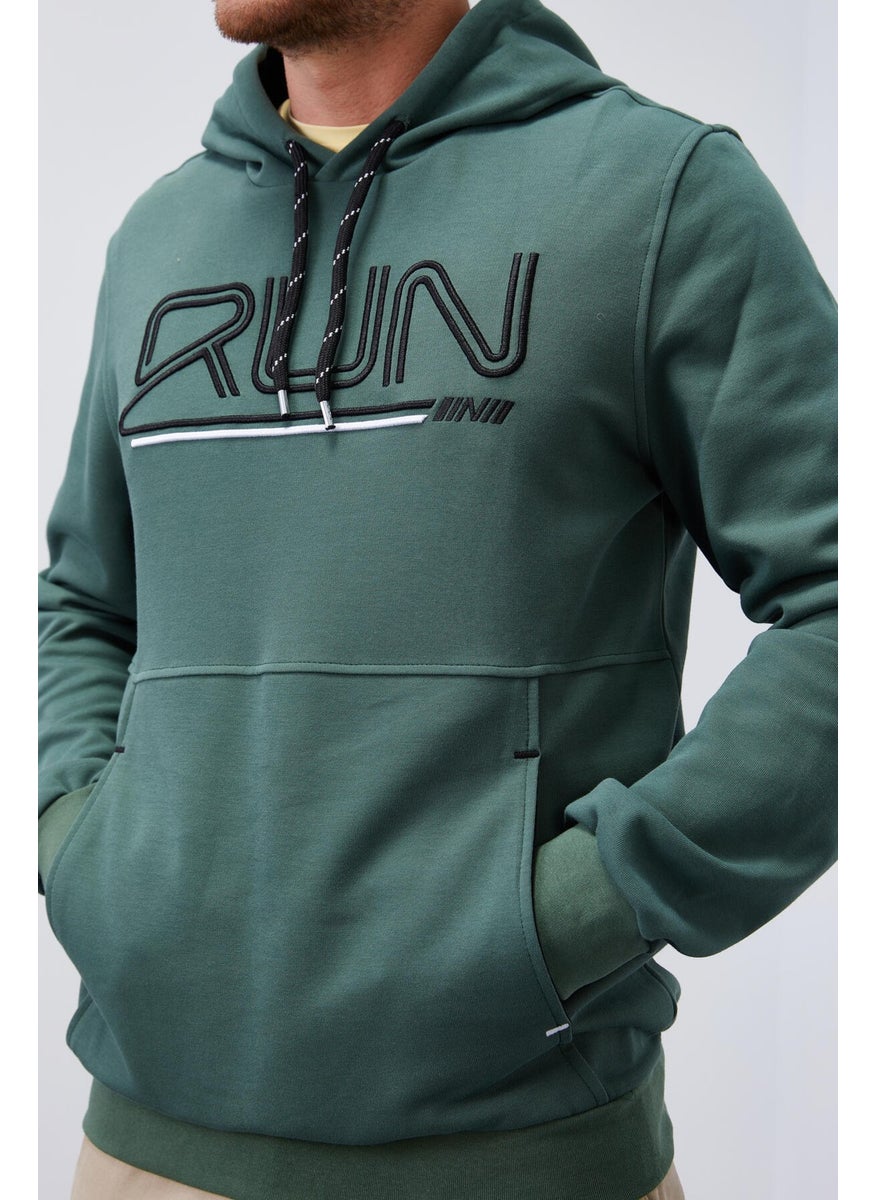 Green Men's Text Embroidered Standard Pattern Hooded SWEATSHIRT-87887