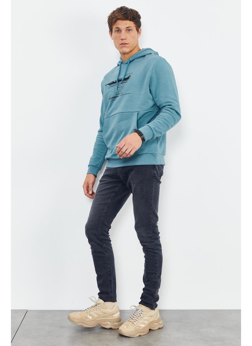 Mint Green Men's Printed Hooded Kangaroo Pocket Casual Form Sweatshirt - 88019