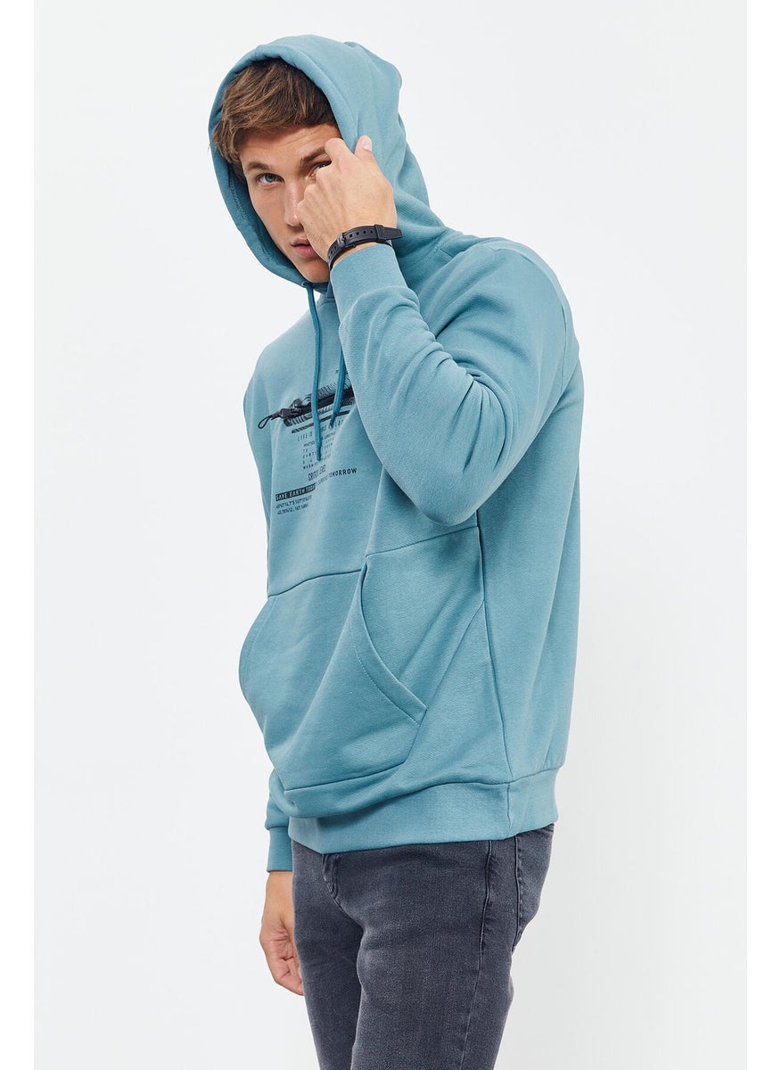 Mint Green Men's Printed Hooded Kangaroo Pocket Casual Form Sweatshirt - 88019