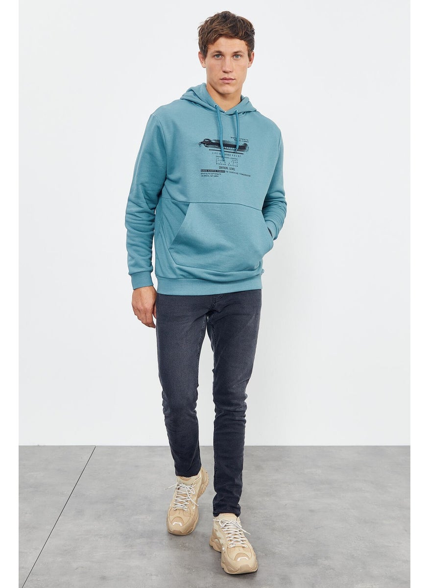 Mint Green Men's Printed Hooded Kangaroo Pocket Casual Form Sweatshirt - 88019