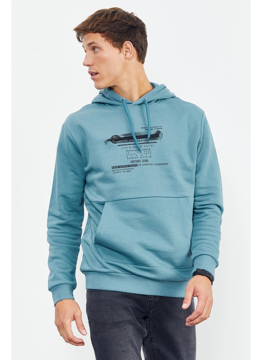 Mint Green Men's Printed Hooded Kangaroo Pocket Casual Form Sweatshirt - 88019