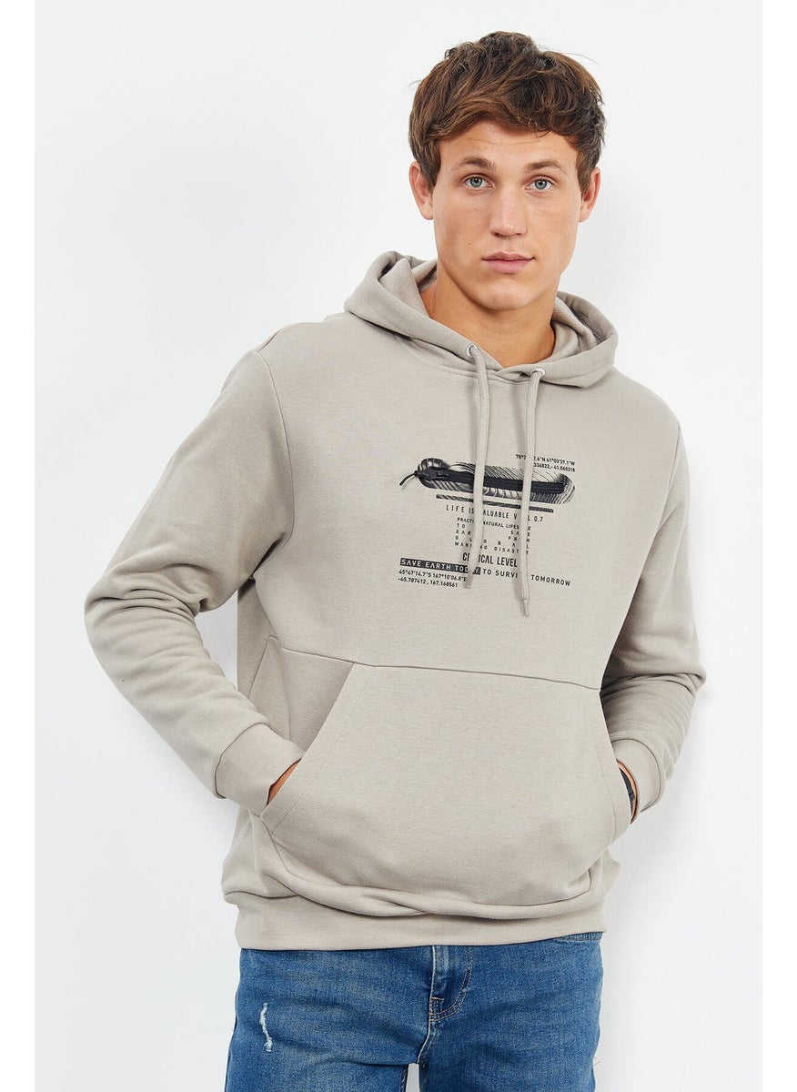 Dark Beige Men's Printed Hooded Kangaroo Pocket Casual Form Sweatshirt - 88019