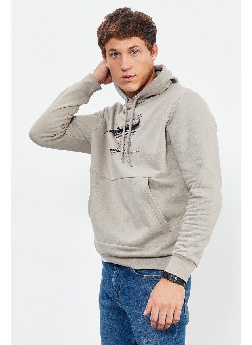 Dark Beige Men's Printed Hooded Kangaroo Pocket Casual Form Sweatshirt - 88019