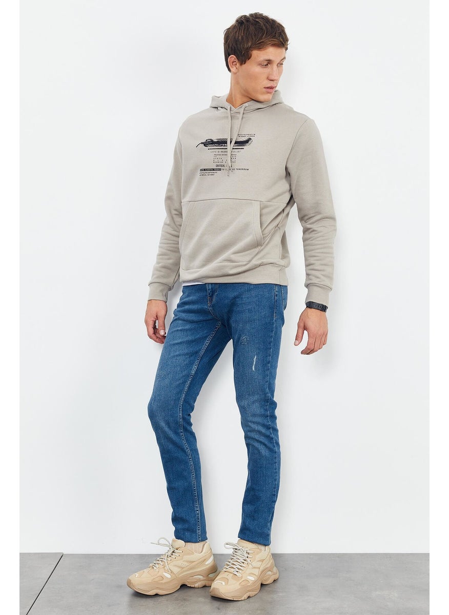 Dark Beige Men's Printed Hooded Kangaroo Pocket Casual Form Sweatshirt - 88019