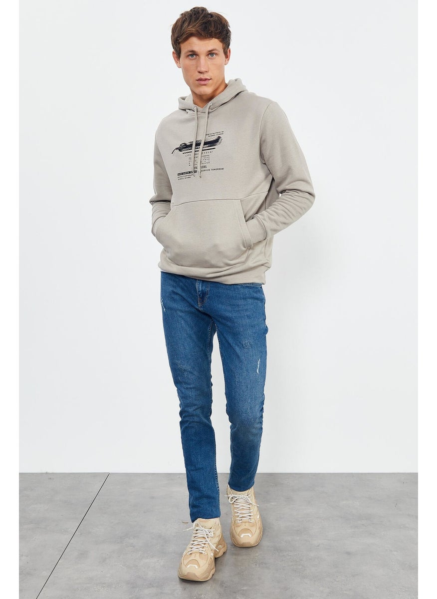 Dark Beige Men's Printed Hooded Kangaroo Pocket Casual Form Sweatshirt - 88019