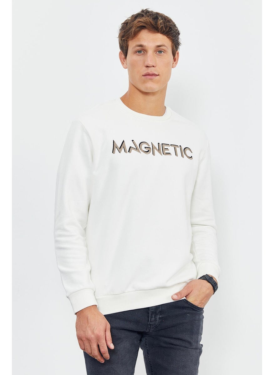 Ecru Men's Letter Embroidered O Neck Comfortable Form Sweatshirt - 88020
