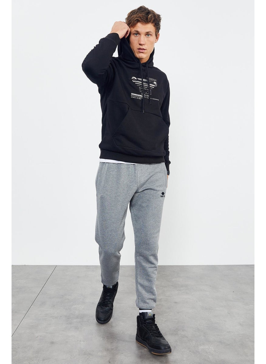 Black Men's Printed Hooded Kangaroo Pocket Casual Form Sweatshirt - 88019