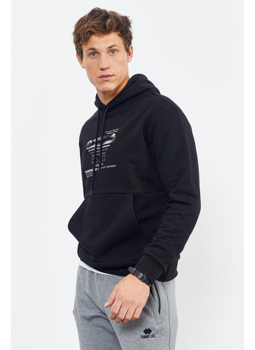 Black Men's Printed Hooded Kangaroo Pocket Casual Form Sweatshirt - 88019