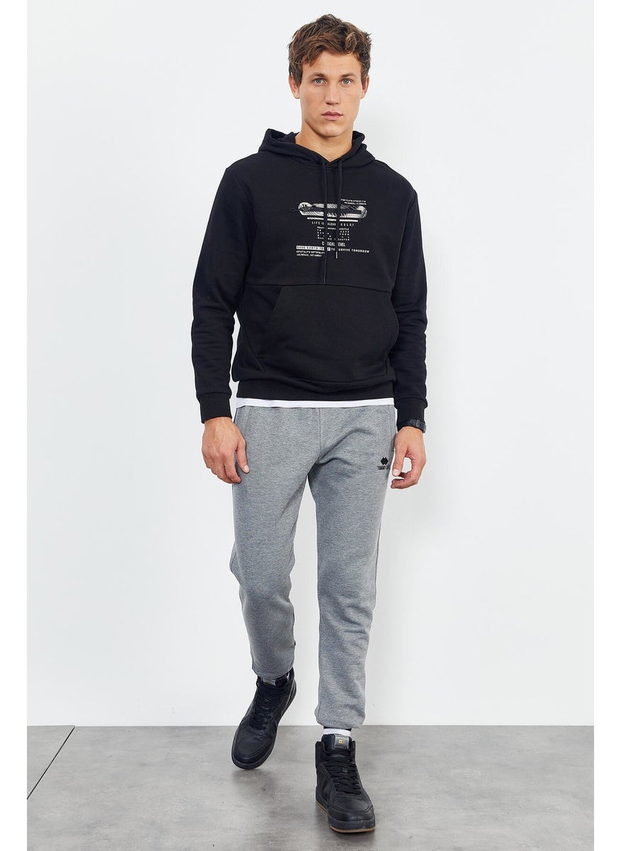 Black Men's Printed Hooded Kangaroo Pocket Casual Form Sweatshirt - 88019