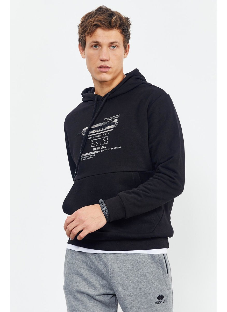 Black Men's Printed Hooded Kangaroo Pocket Casual Form Sweatshirt - 88019