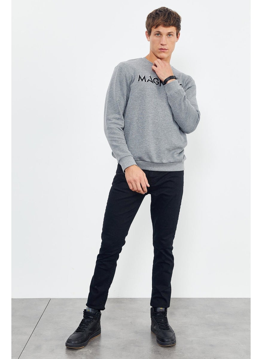 Gray Melange Men's Text Embroidered O Neck Comfortable Form Sweatshirt - 88020