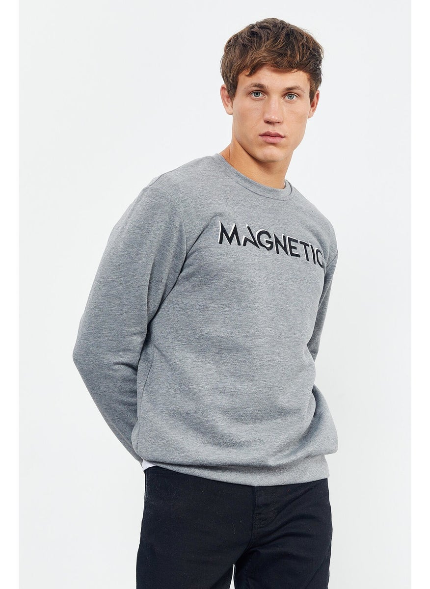Gray Melange Men's Text Embroidered O Neck Comfortable Form Sweatshirt - 88020