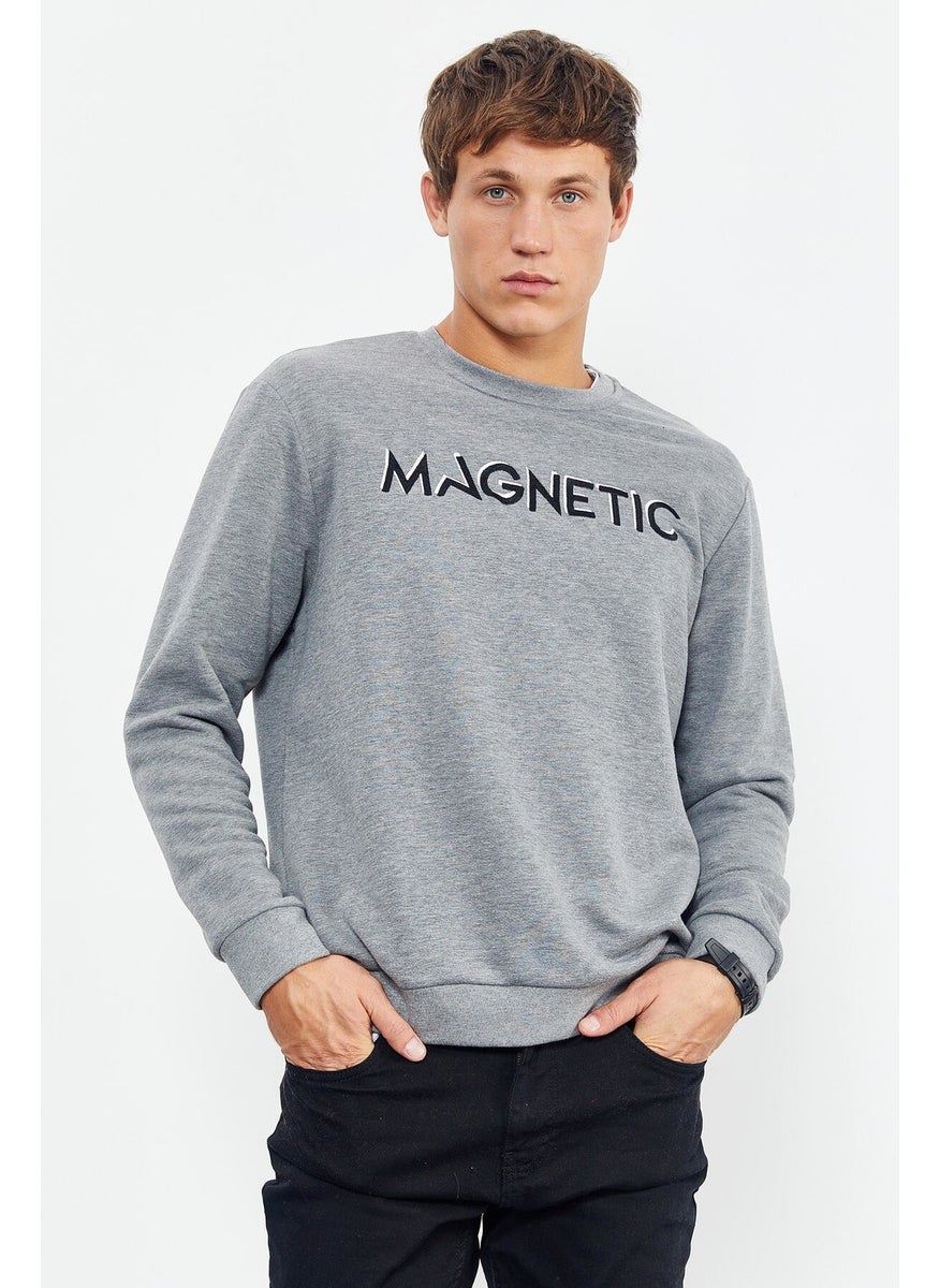 Gray Melange Men's Text Embroidered O Neck Comfortable Form Sweatshirt - 88020