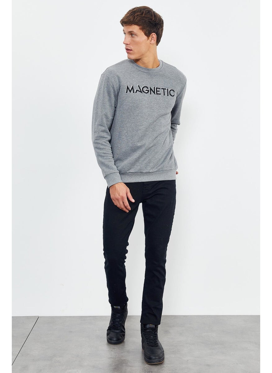 Gray Melange Men's Text Embroidered O Neck Comfortable Form Sweatshirt - 88020