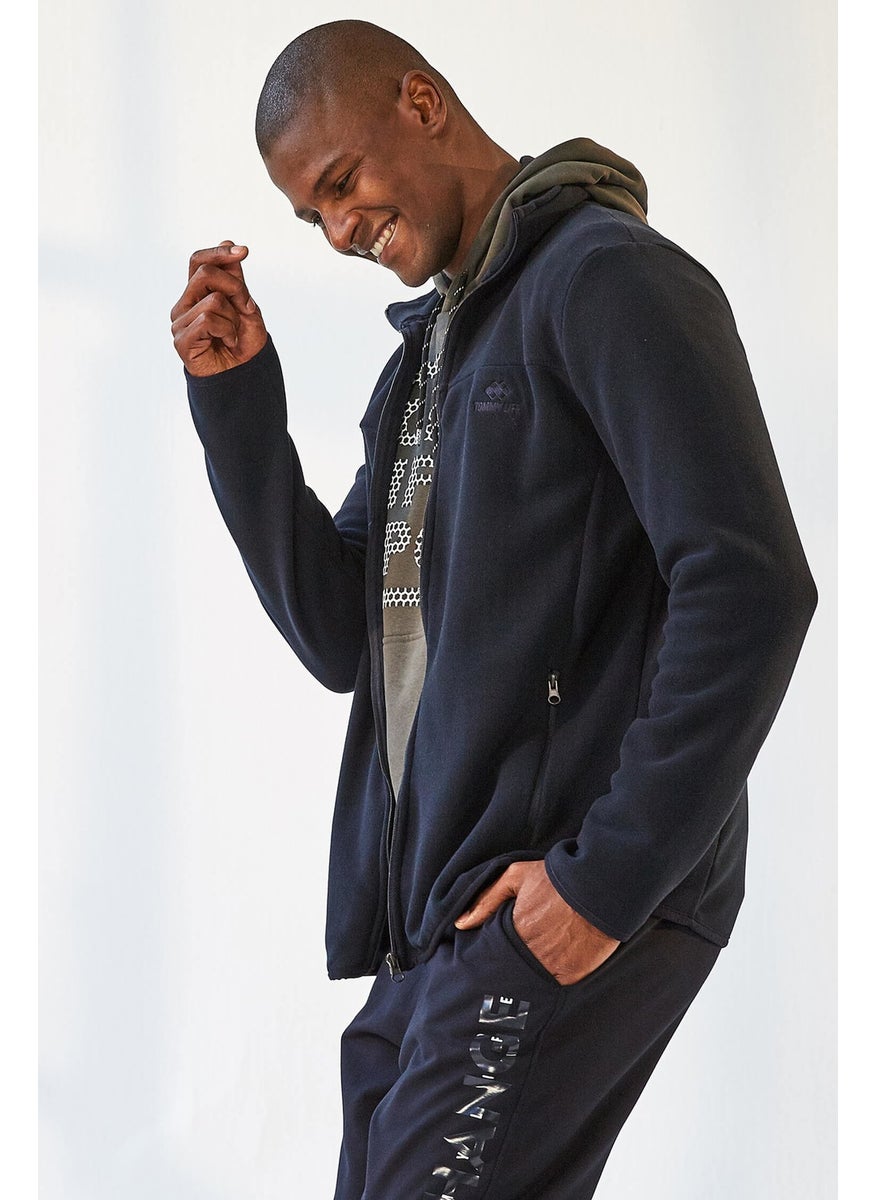 Navy Blue Men's Zippered Sweatshirt Slim Fit Stand Collar Polar-87270