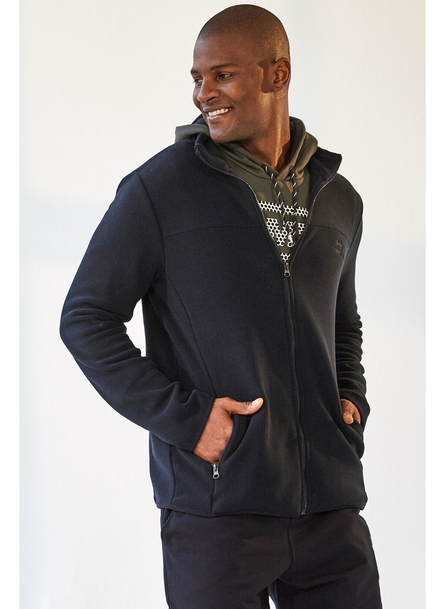 Navy Blue Men's Zippered Sweatshirt Slim Fit Stand Collar Polar-87270