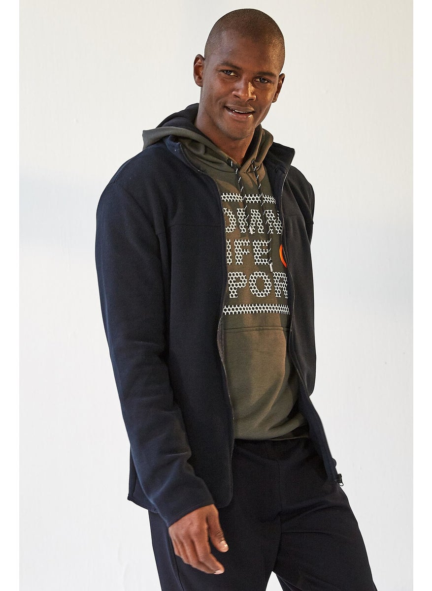 Navy Blue Men's Zippered Sweatshirt Slim Fit Stand Collar Polar-87270