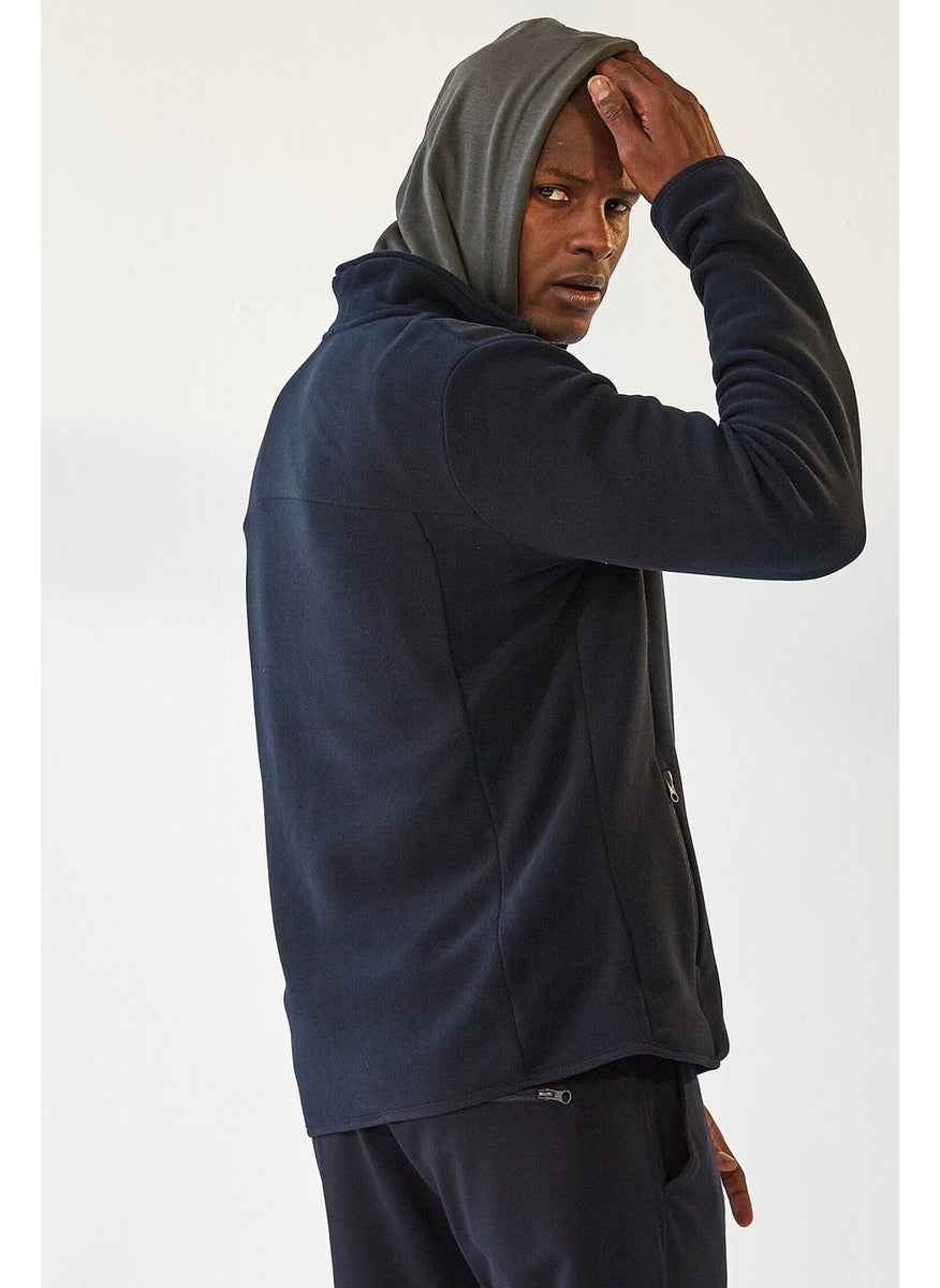 Navy Blue Men's Zippered Sweatshirt Slim Fit Stand Collar Polar-87270