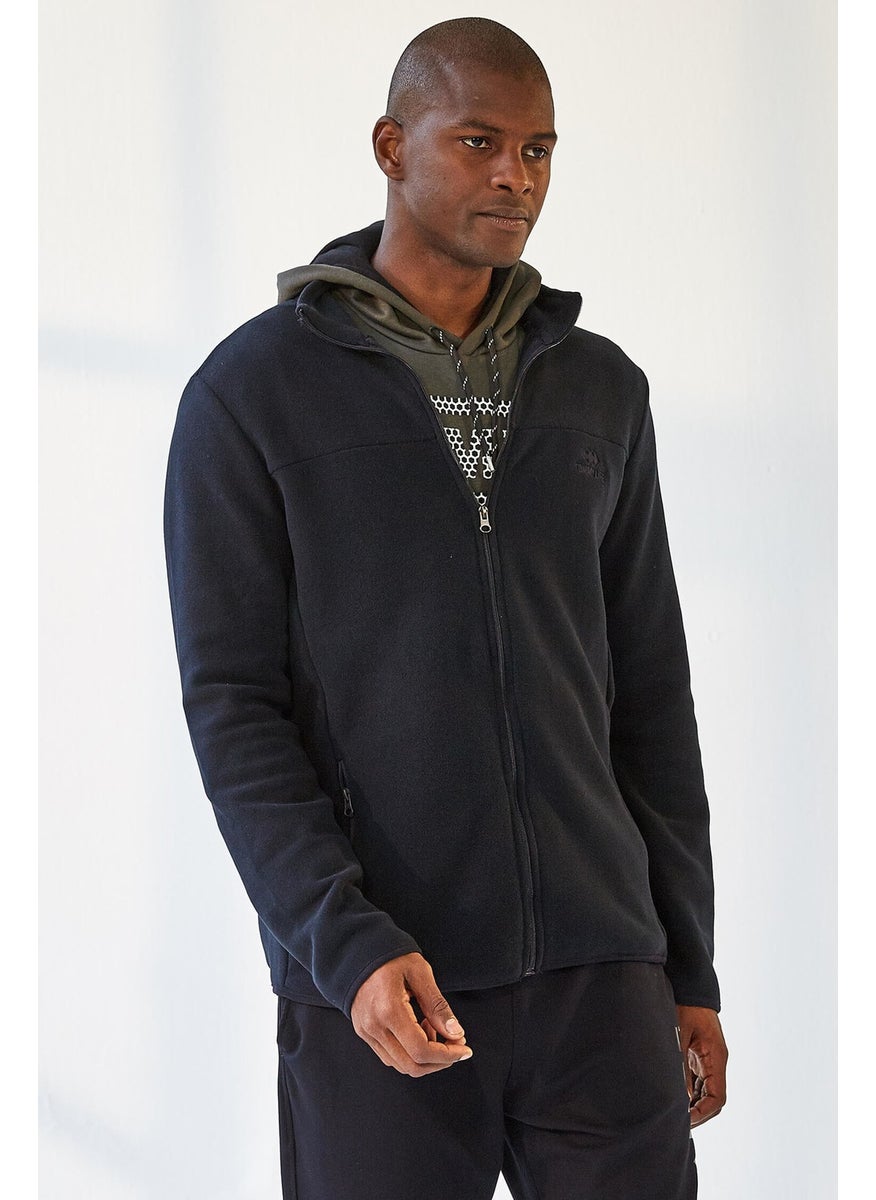 Navy Blue Men's Zippered Sweatshirt Slim Fit Stand Collar Polar-87270