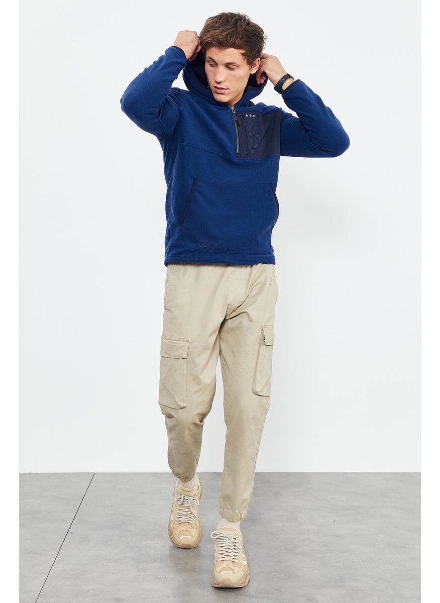 Indigo Men's Embroidered Half Zipper Hooded Standard Size Polar Fleece Sweatshirt - 87996