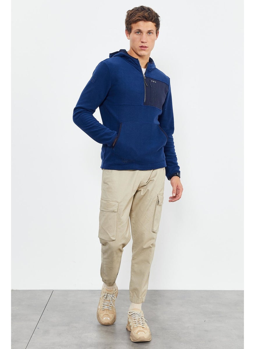Indigo Men's Embroidered Half Zipper Hooded Standard Size Polar Fleece Sweatshirt - 87996