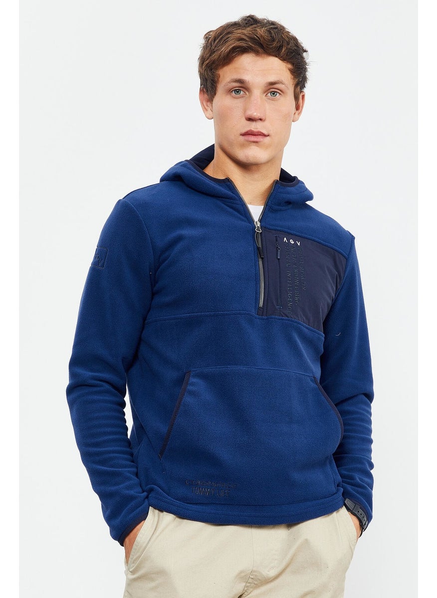Indigo Men's Embroidered Half Zipper Hooded Standard Size Polar Fleece Sweatshirt - 87996