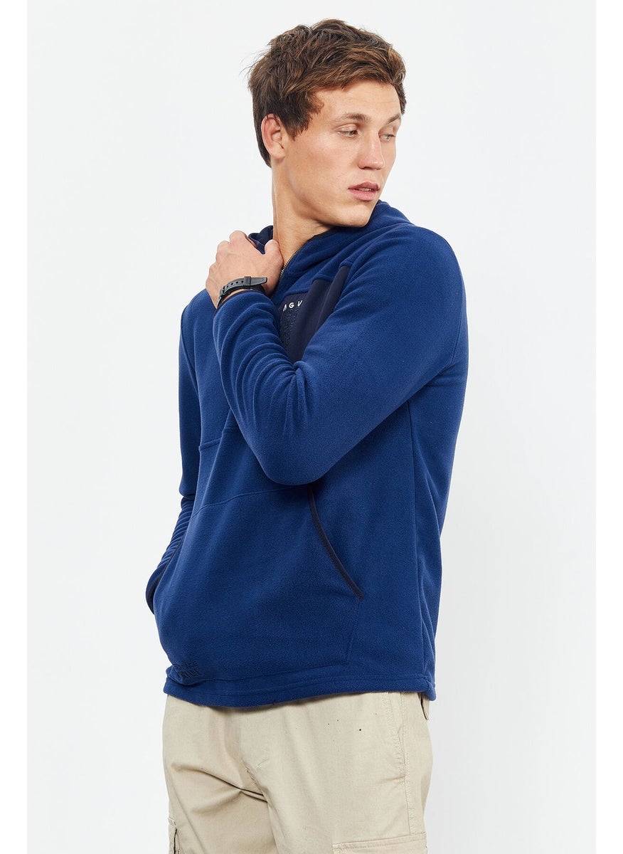 Indigo Men's Embroidered Half Zipper Hooded Standard Size Polar Fleece Sweatshirt - 87996