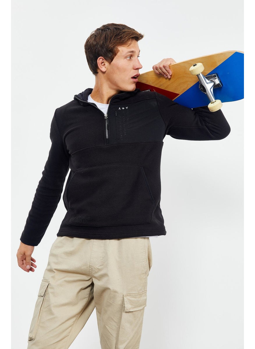 Black Men's Embroidered Half Zip Hooded Standard Size Polar Fleece Sweatshirt - 87996