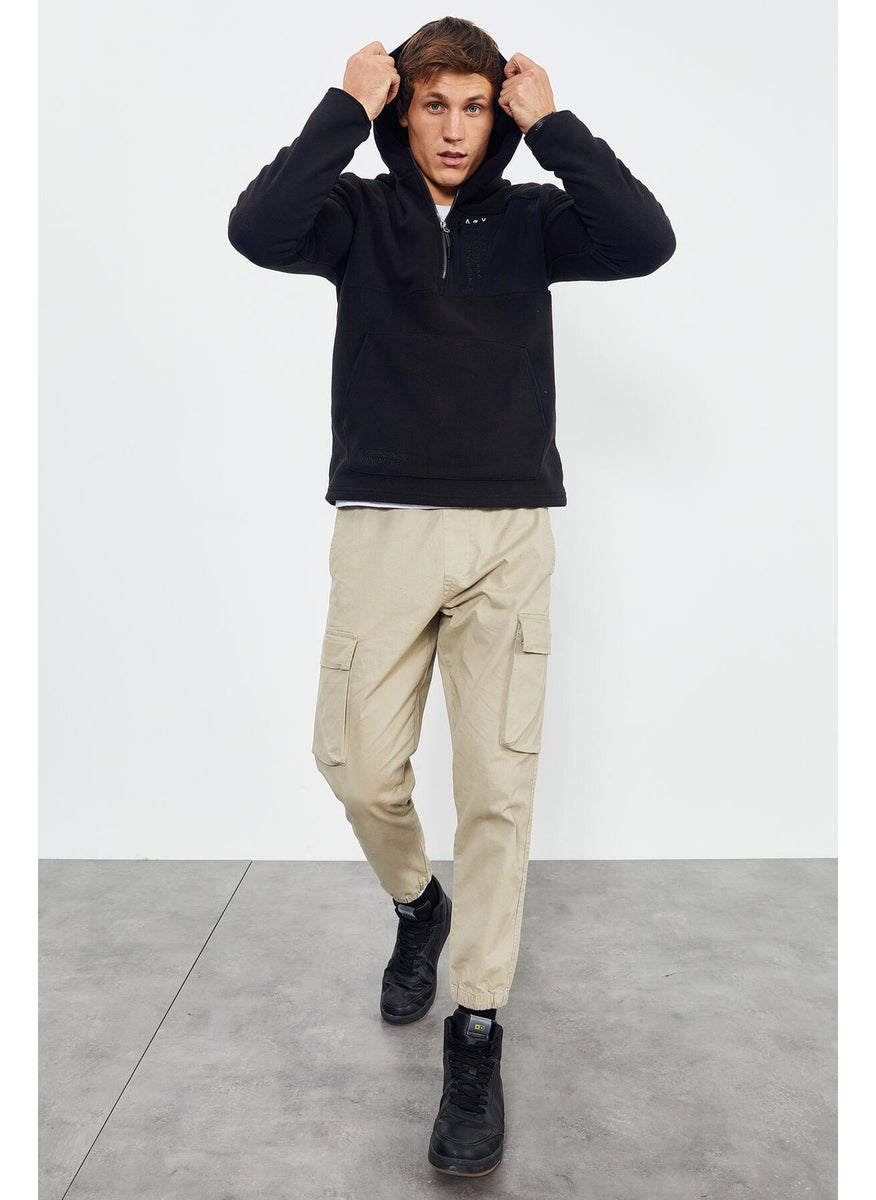 Black Men's Embroidered Half Zip Hooded Standard Size Polar Fleece Sweatshirt - 87996