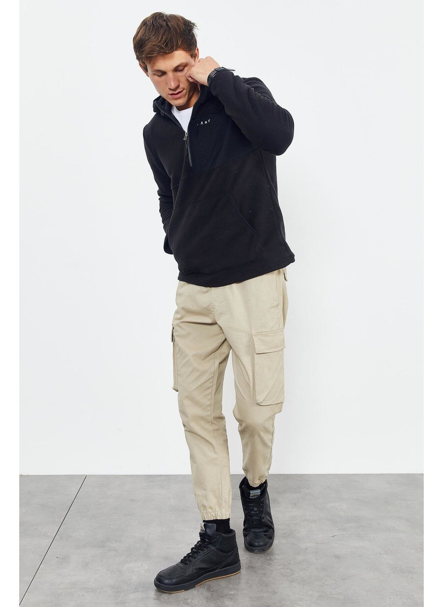 Black Men's Embroidered Half Zip Hooded Standard Size Polar Fleece Sweatshirt - 87996