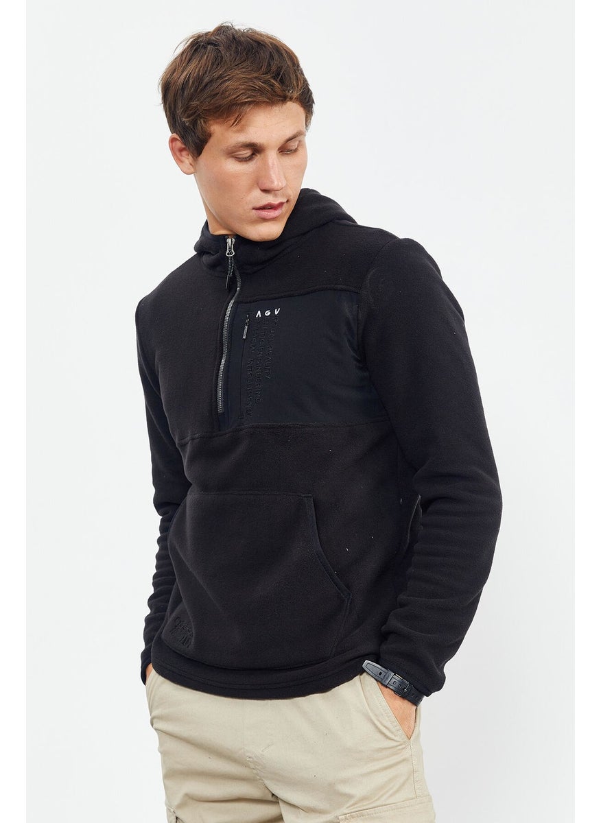 Black Men's Embroidered Half Zip Hooded Standard Size Polar Fleece Sweatshirt - 87996