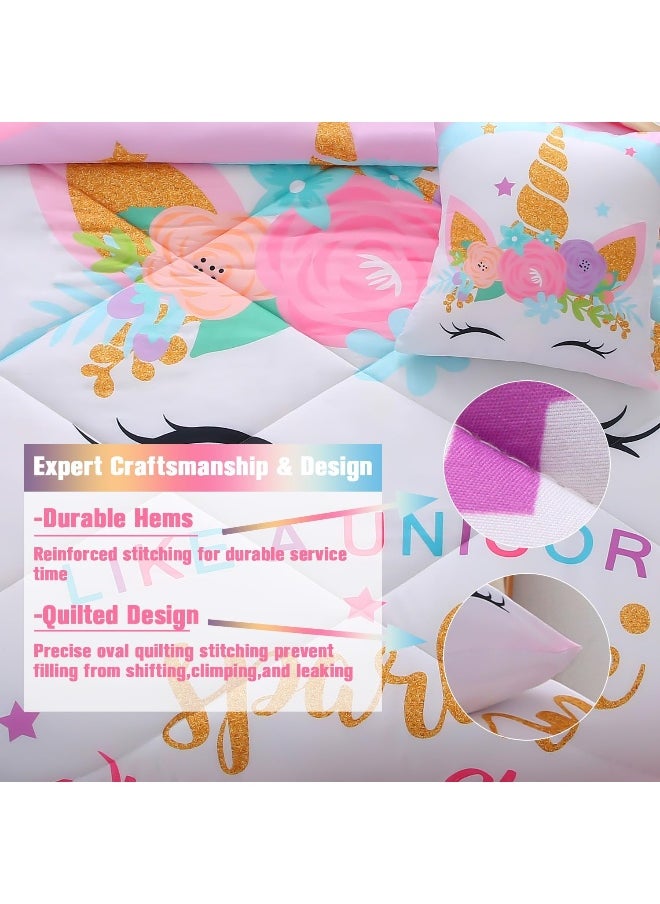 JQinHome Unicorn Queen Bedding Sets for Girls Kids, 8 Piece Bed in A Bag 3D Colorful Flower Girl Unicorn Comforter Set with Sheet Set (Sparkle)