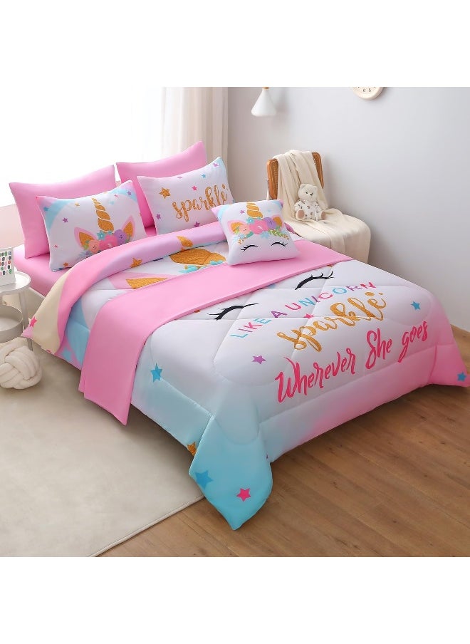 JQinHome Unicorn Queen Bedding Sets for Girls Kids, 8 Piece Bed in A Bag 3D Colorful Flower Girl Unicorn Comforter Set with Sheet Set (Sparkle)