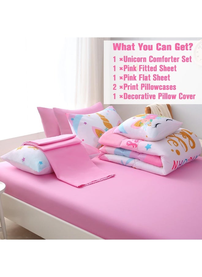 JQinHome Unicorn Queen Bedding Sets for Girls Kids, 8 Piece Bed in A Bag 3D Colorful Flower Girl Unicorn Comforter Set with Sheet Set (Sparkle)