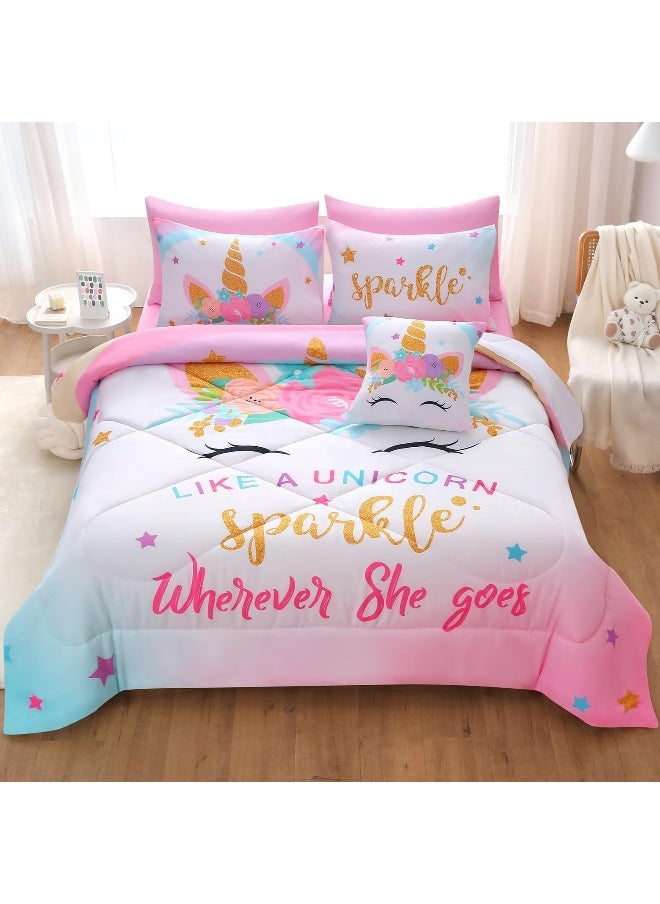 JQinHome Unicorn Queen Bedding Sets for Girls Kids, 8 Piece Bed in A Bag 3D Colorful Flower Girl Unicorn Comforter Set with Sheet Set (Sparkle)