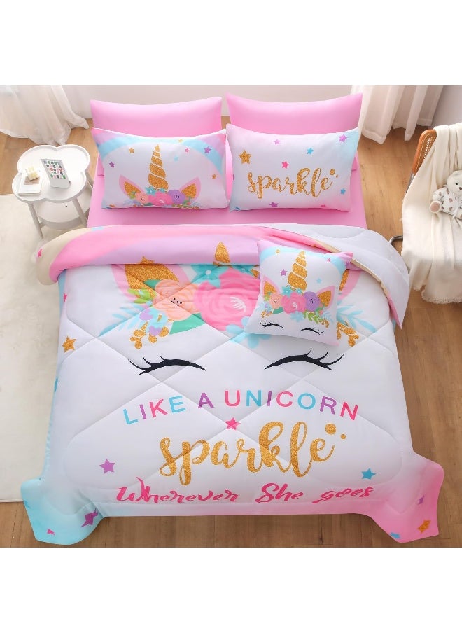 JQinHome Unicorn Queen Bedding Sets for Girls Kids, 8 Piece Bed in A Bag 3D Colorful Flower Girl Unicorn Comforter Set with Sheet Set (Sparkle)