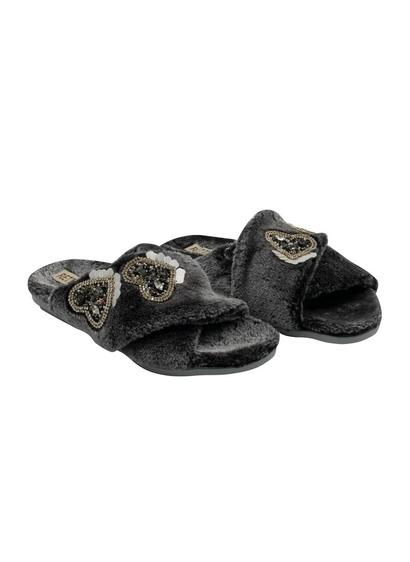 The Katie Charcoal Luxury Plush Diamanté Heart Embellished Handmade Slipper
