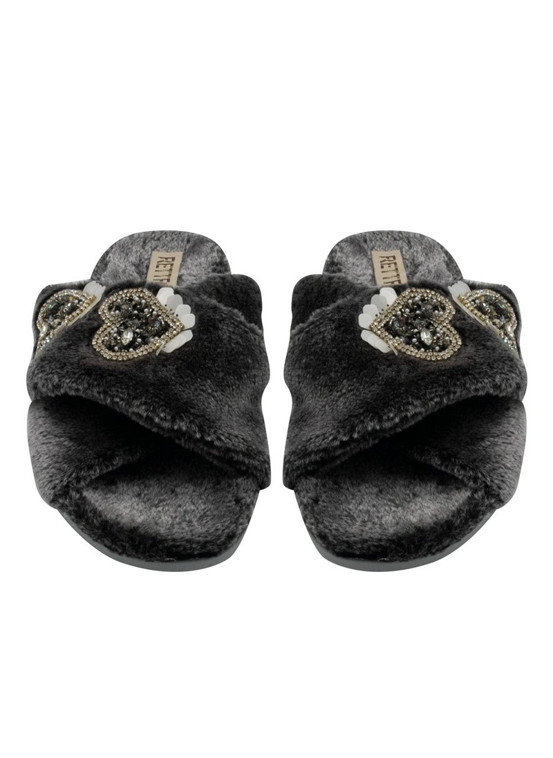 The Katie Charcoal Luxury Plush Diamanté Heart Embellished Handmade Slipper