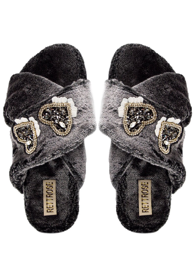 The Katie Charcoal Luxury Plush Diamanté Heart Embellished Handmade Slipper