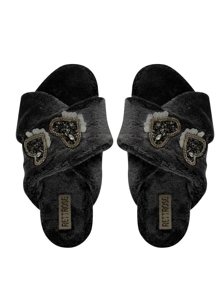 The Katie Charcoal Luxury Plush Diamanté Heart Embellished Handmade Slipper