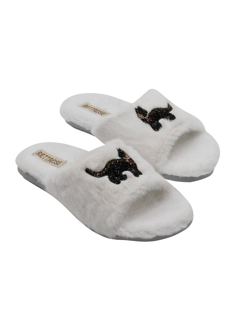 Callie Cream Luxury Faux Fur Handmade Embellished Women’s Slipper – White Bedroom Slipper with Black Diamanté Cat Design, Comfortable & Long Lasting by RETTROSE