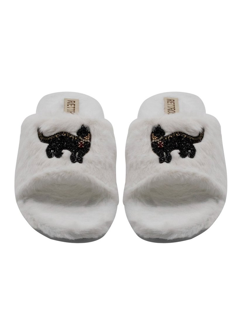 Callie Cream Luxury Faux Fur Handmade Embellished Women’s Slipper – White Bedroom Slipper with Black Diamanté Cat Design, Comfortable & Long Lasting by RETTROSE