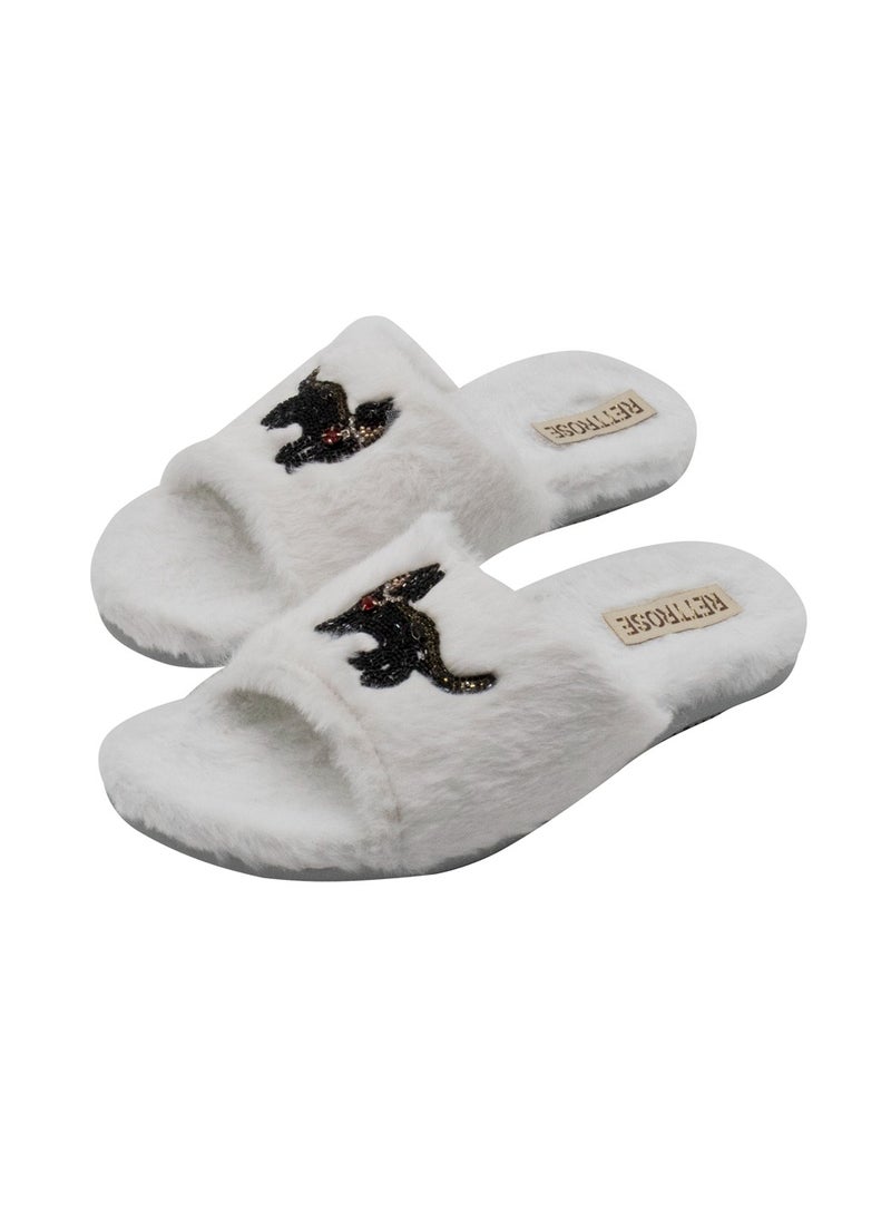 Callie Cream Luxury Faux Fur Handmade Embellished Women’s Slipper – White Bedroom Slipper with Black Diamanté Cat Design, Comfortable & Long Lasting by RETTROSE