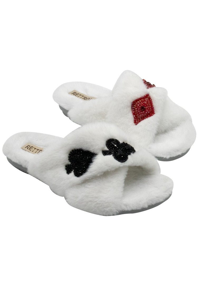 Olivia Cream Luxury Handmade Embellished Women’s Slippers – Faux Fur, Comfortable, Long Lasting, White Colour | RETTROSE