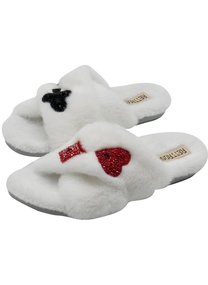 Olivia Cream Luxury Handmade Embellished Women’s Slippers – Faux Fur, Comfortable, Long Lasting, White Colour | RETTROSE