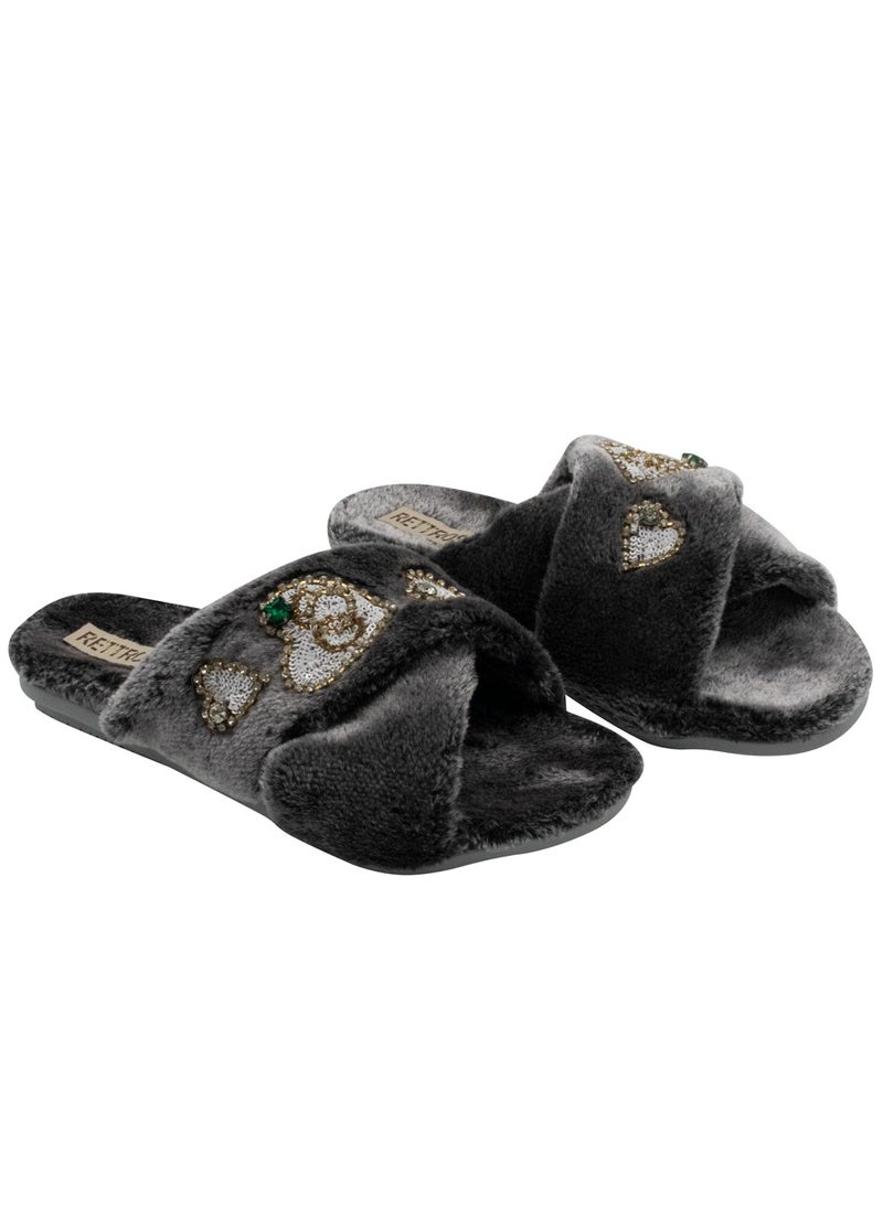 Womens Bedroom Slipper – Black Faux Fur Handmade Embellished Luxury Slippers | Comfortable, Long Lasting Rubber Sole Designer House Shoes by RETTROSE