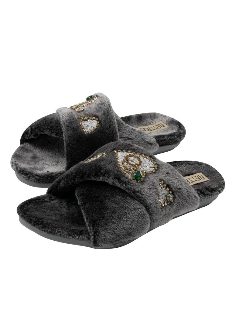 Womens Bedroom Slipper – Black Faux Fur Handmade Embellished Luxury Slippers | Comfortable, Long Lasting Rubber Sole Designer House Shoes by RETTROSE