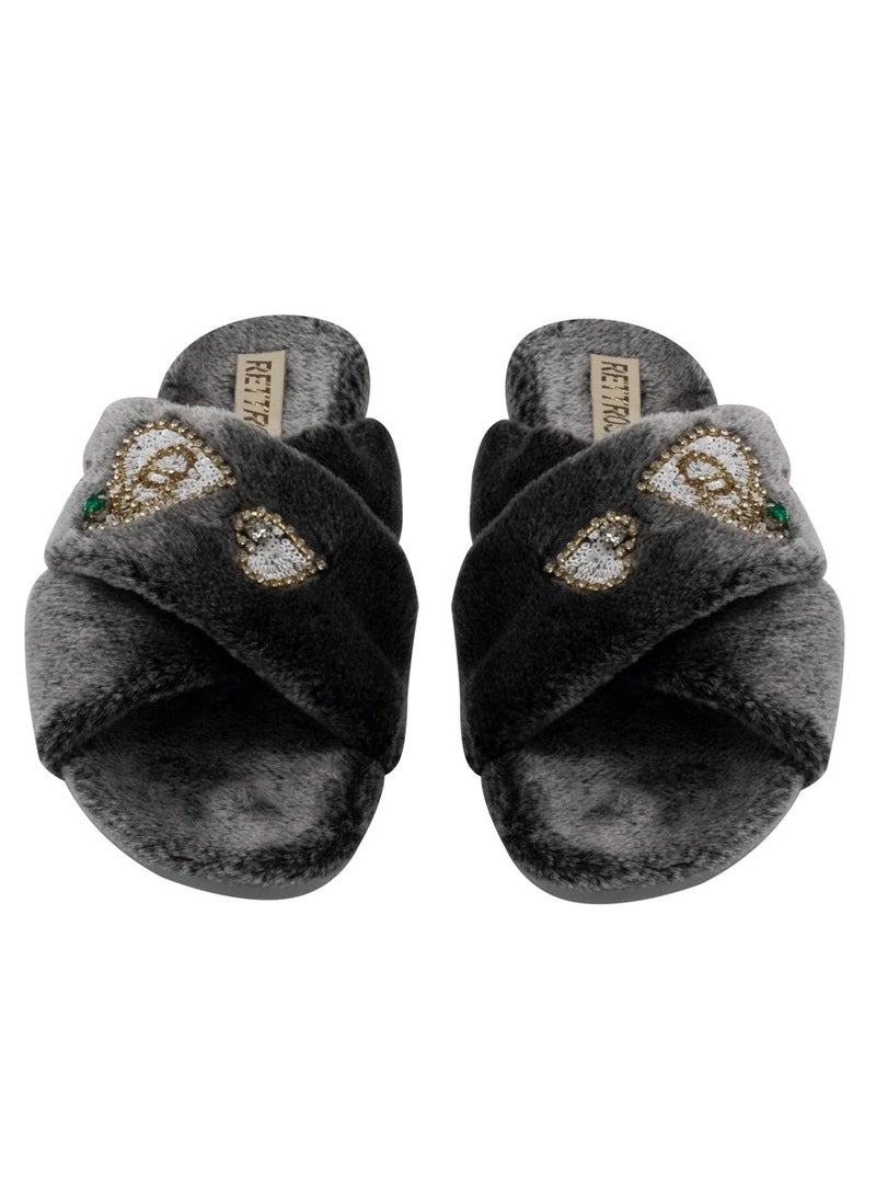 Womens Bedroom Slipper – Black Faux Fur Handmade Embellished Luxury Slippers | Comfortable, Long Lasting Rubber Sole Designer House Shoes by RETTROSE