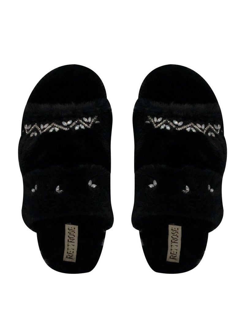 The Myla Black Luxury Plush Diamanté Embellished Handmade Slipper