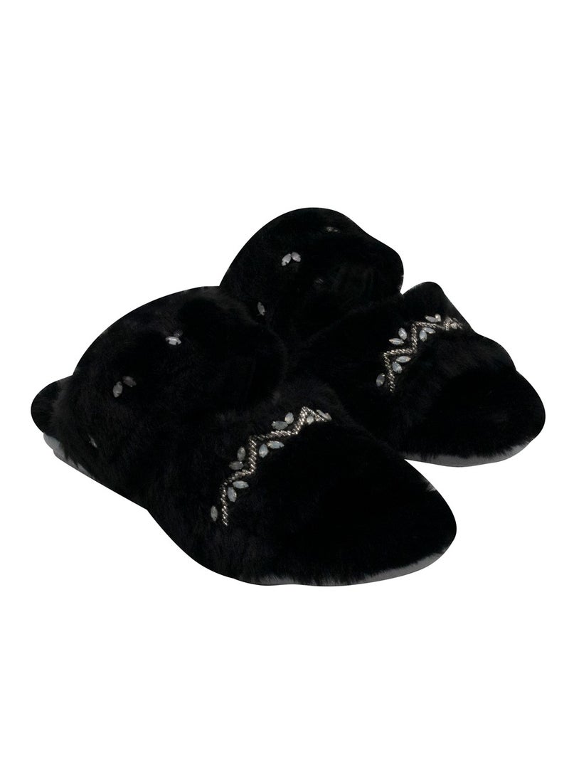 The Myla Black Luxury Plush Diamanté Embellished Handmade Slipper